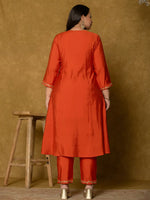 Thumbnail for Yufta Orange Silk Embroidered Plus Size Kurta Dupatta Set