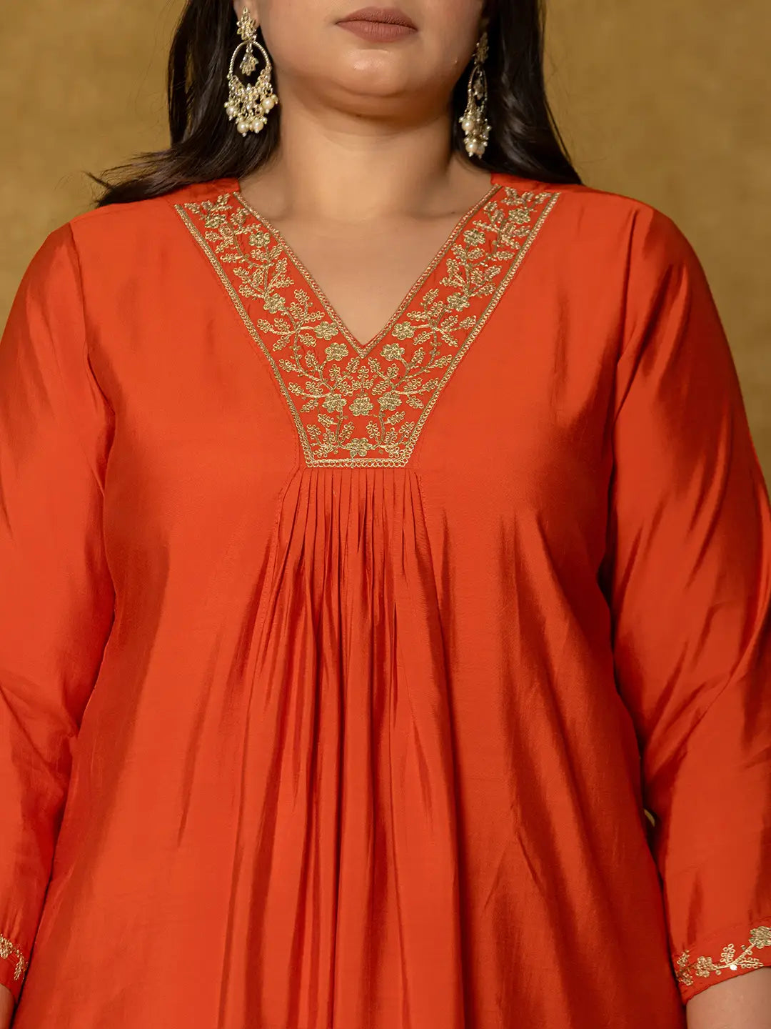 Yufta Orange Silk Embroidered Plus Size Kurta Dupatta Set
