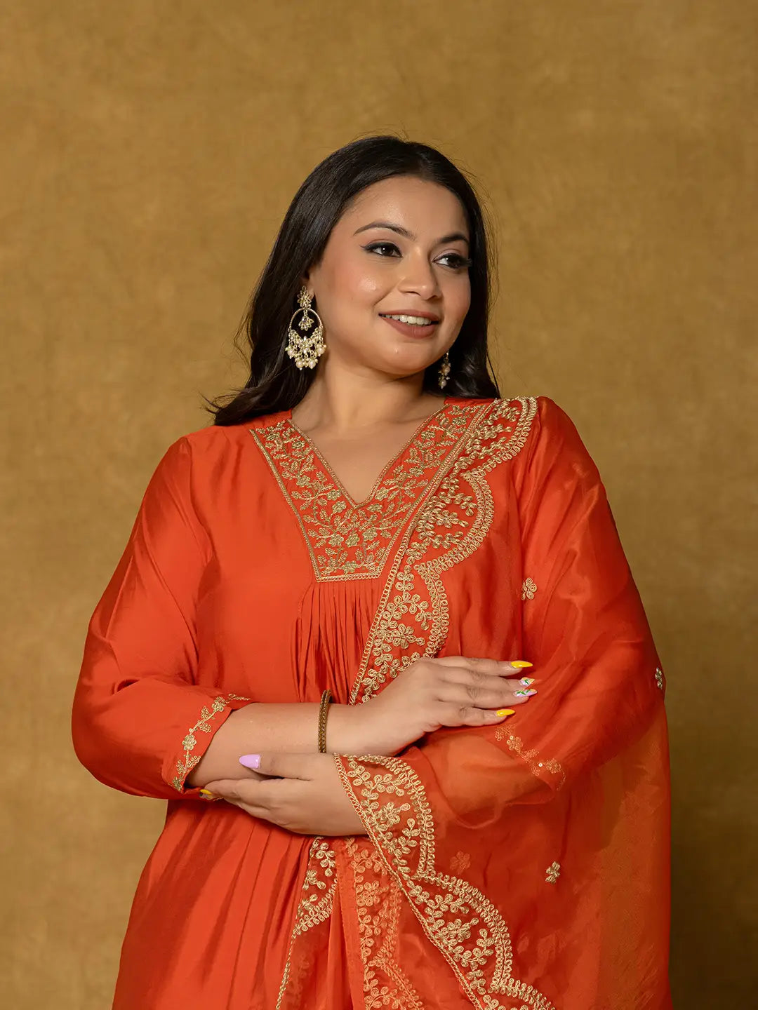 Yufta Orange Silk Embroidered Plus Size Kurta Dupatta Set