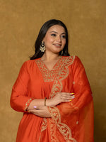 Thumbnail for Yufta Orange Silk Embroidered Plus Size Kurta Dupatta Set