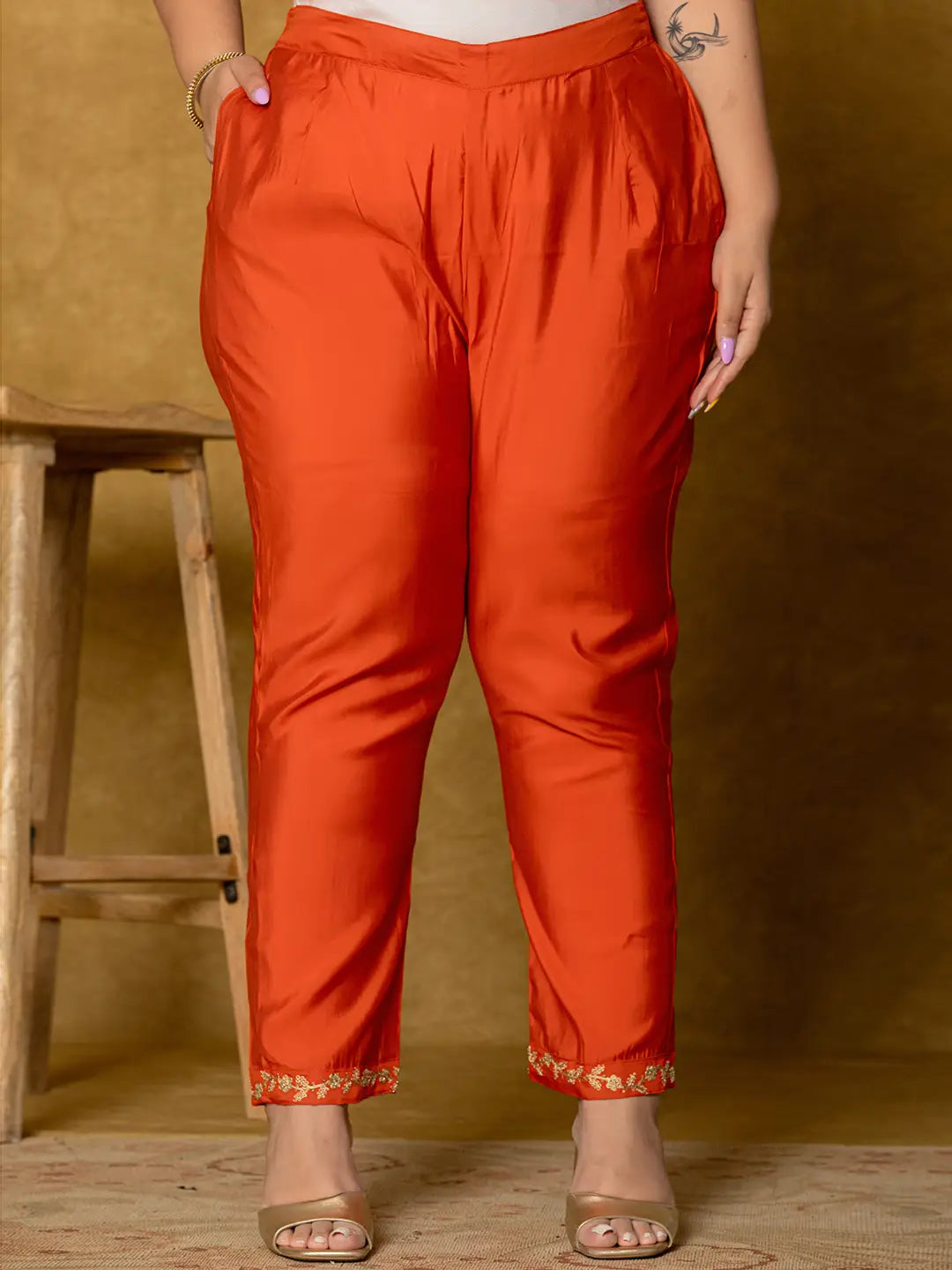 Yufta Orange Silk Embroidered Plus Size Kurta Dupatta Set