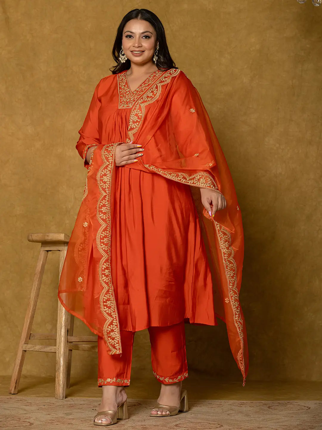 Yufta Orange Silk Embroidered Plus Size Kurta Dupatta Set