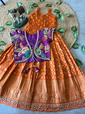 Evanik Festive Wear Orange Dola Silk zari and thread weaving Gown With Position Print Koti - Dista
