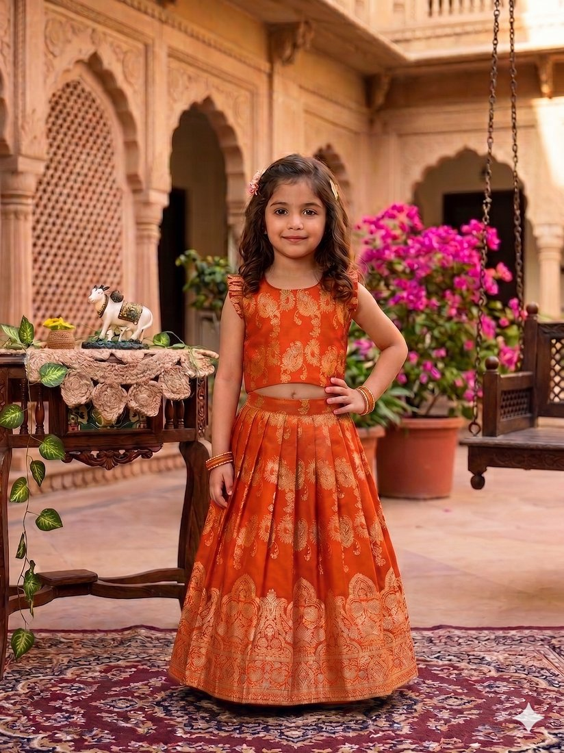 Evanik Orange Banarasi Silk Kids Lehenga Choli Set with Zari Jacquard Work for Girls - Dista
