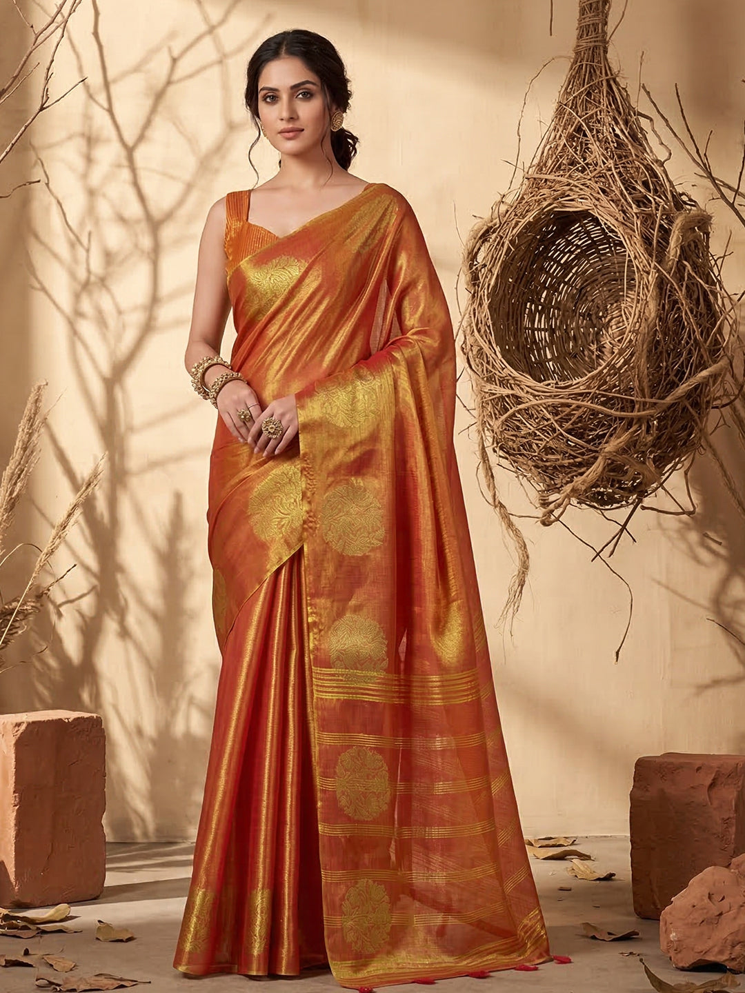 Anaita Orange Tissue Silk Woven Saree With Blouse - Dista