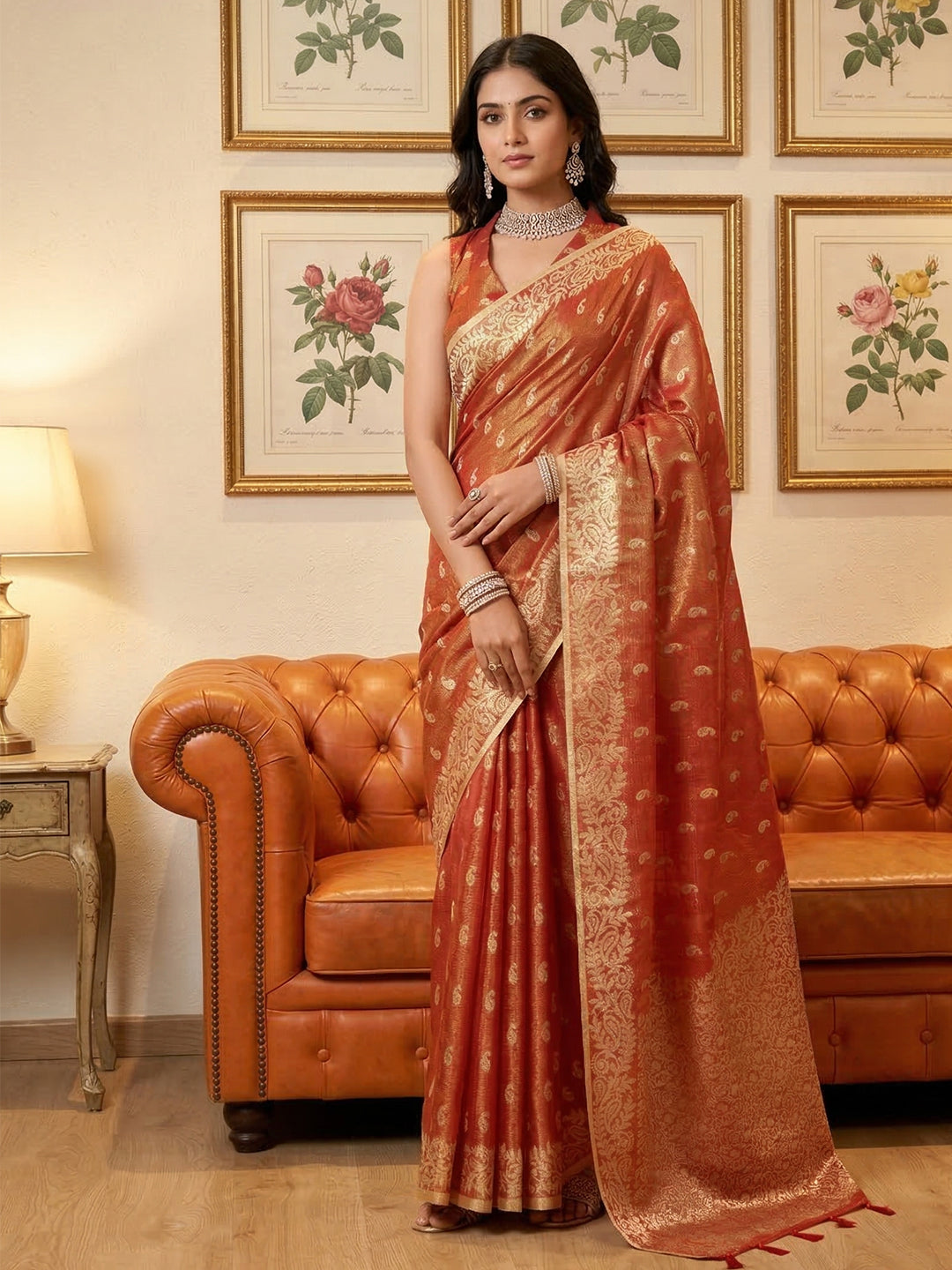 Anaita Orange Woven Tissue Silk Saree With Blouse - Dista