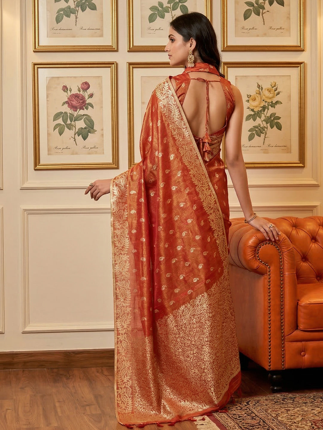 Anaita Orange Woven Tissue Silk Saree With Blouse - Dista