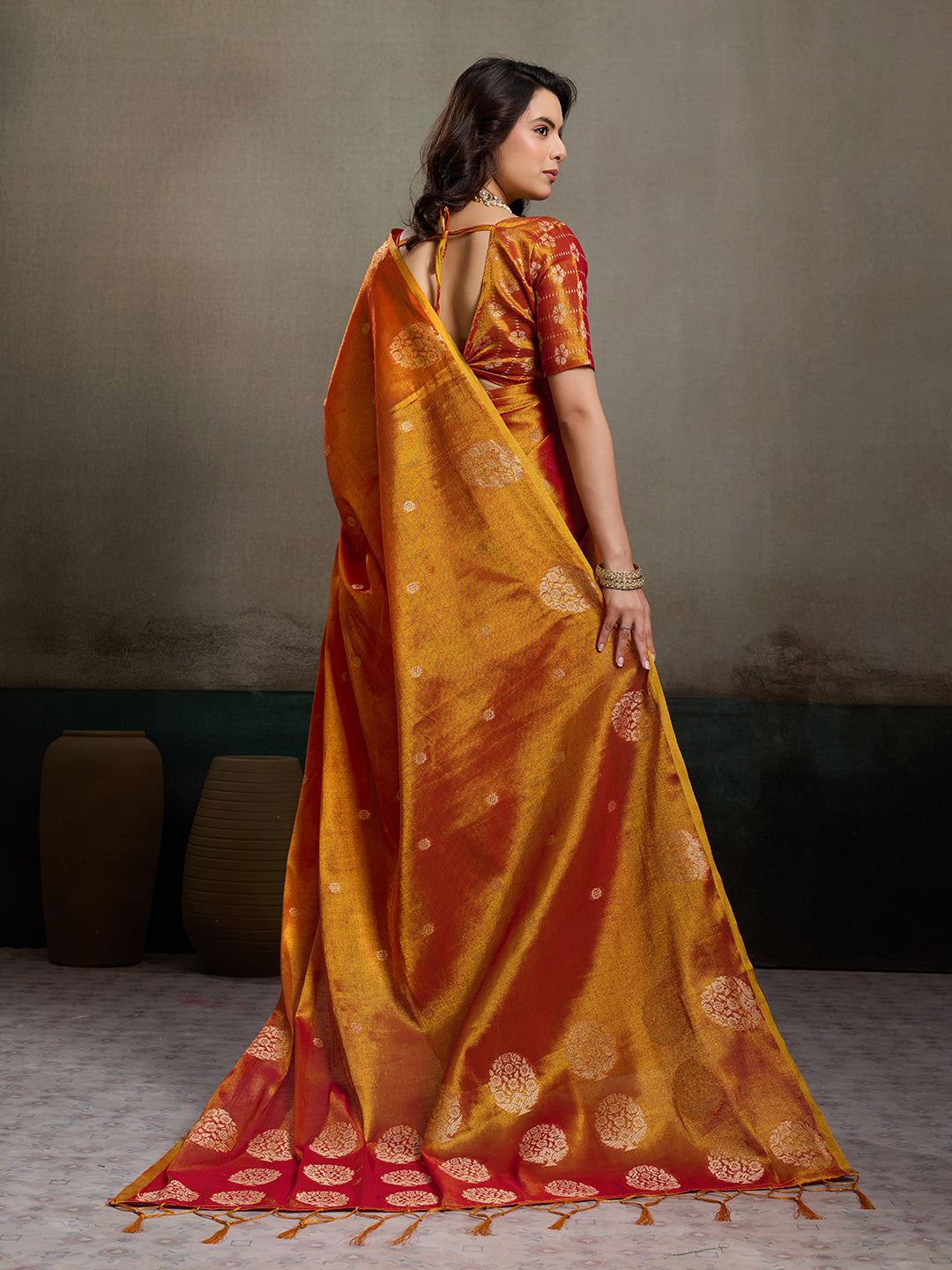 Anaita Orange Tissue Silk Woven Saree With Blouse - Dista