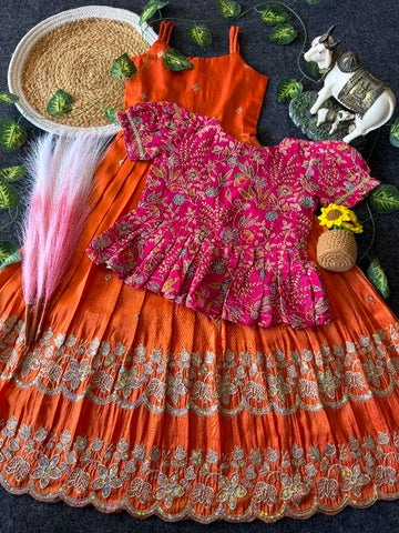Evanik Designer Orange Tissue Silk Embroidered Work Gown With koti for Kids - Dista
