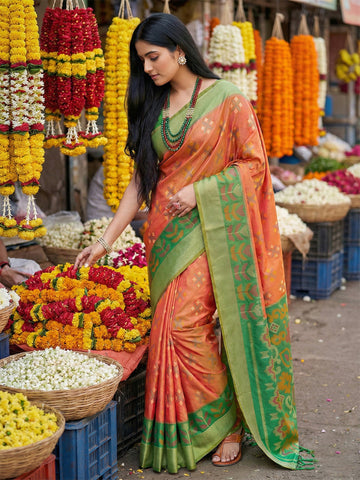 Anaita Orange Pochampally Silk Woven Saree With Blouse - Dista