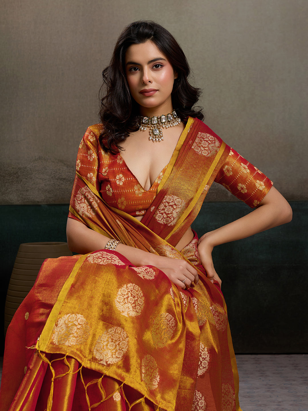 Anaita Orange Tissue Silk Woven Saree With Blouse - Dista