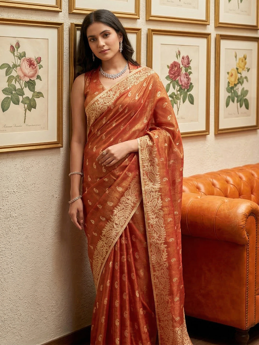 Anaita Orange Woven Tissue Silk Saree With Blouse - Dista