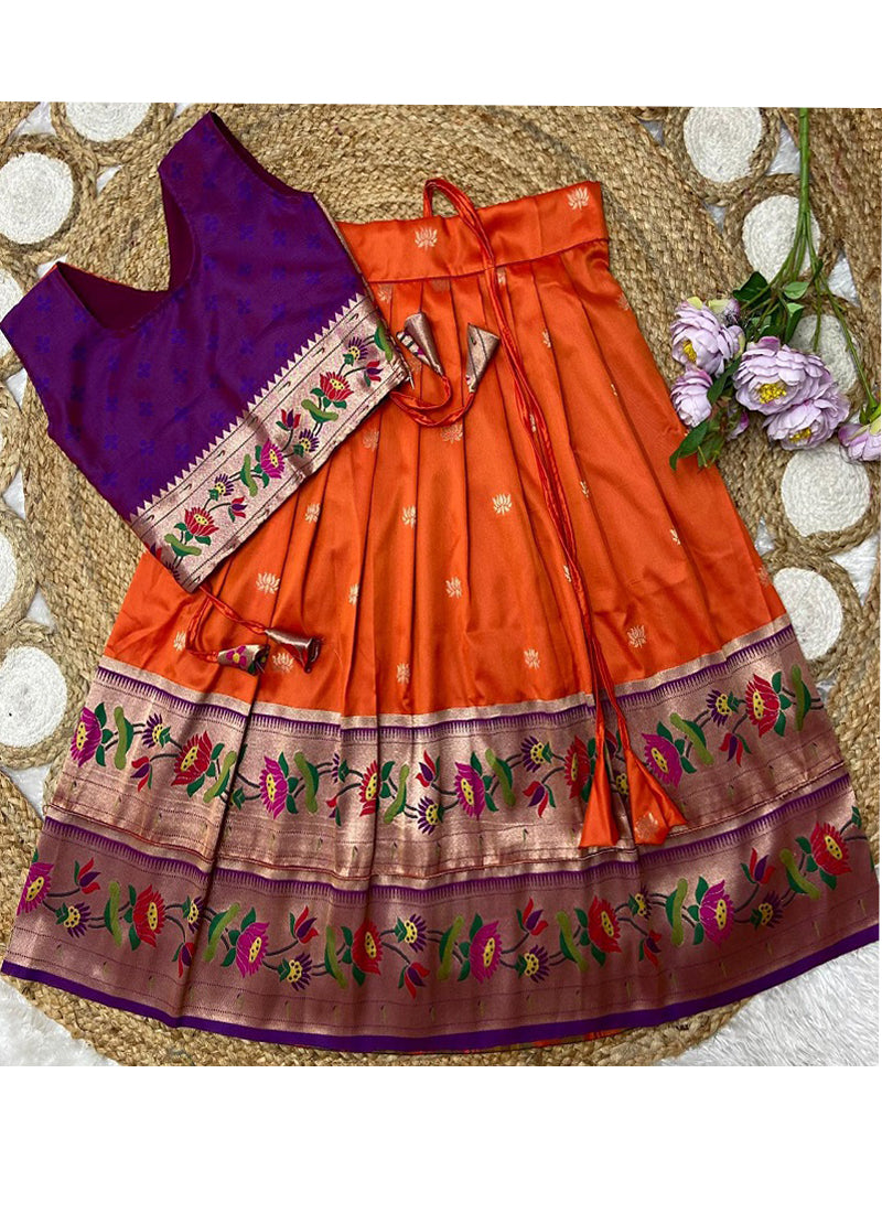 Evanik Orange Kids Paithani Silk Lotus Pattern Lehenga Choli - Dista