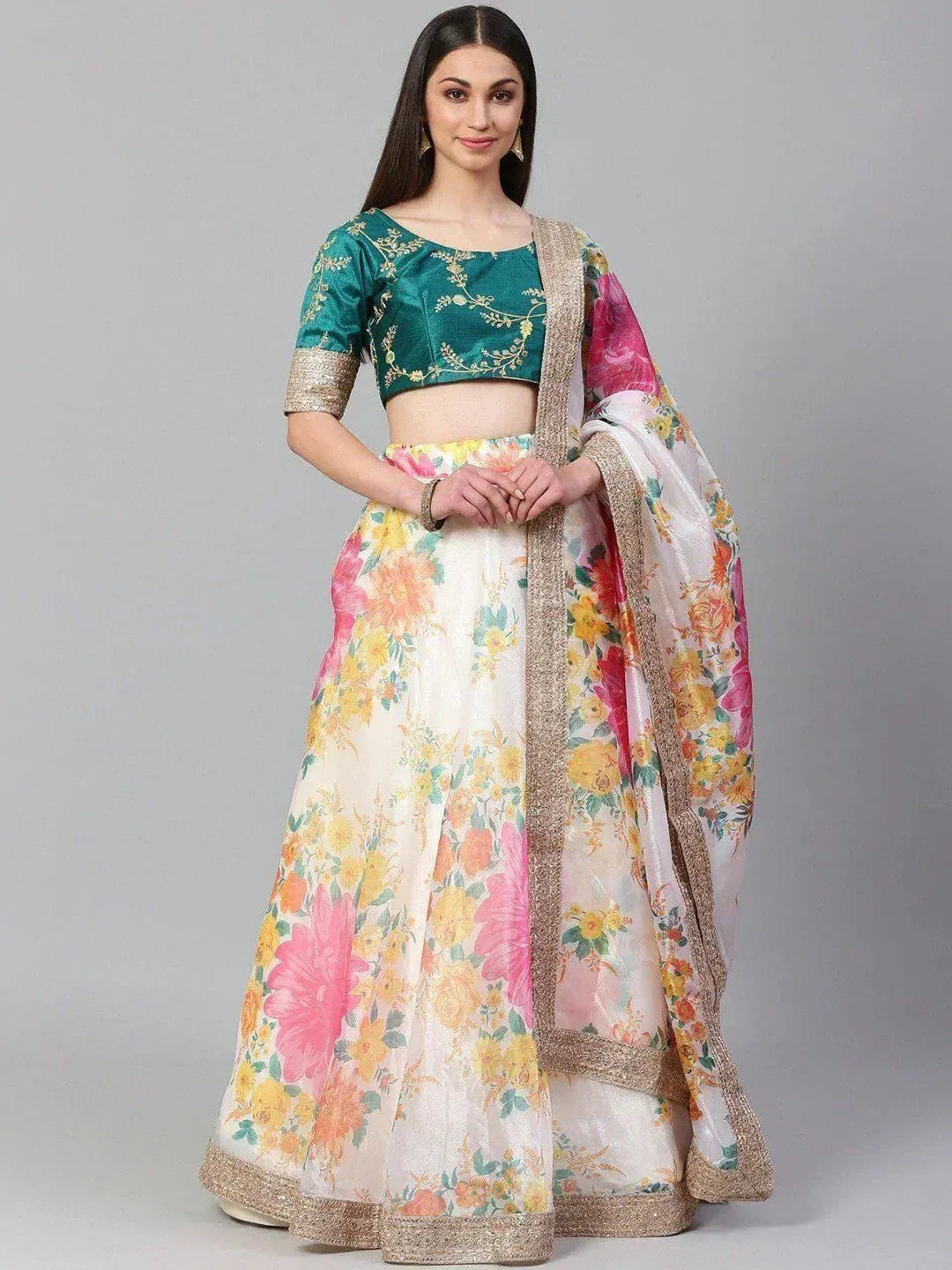 Tulsi Art Off-White Semi-Stitched Myntra Lehenga & Unstitched Blouse With Dupatta - Dista