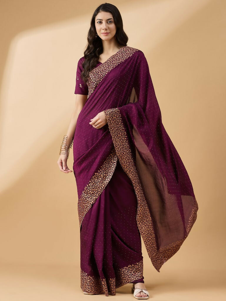 Purple Silk Blend Embroidered Saree with Unstitched Blouse - Vairagi - Distacart