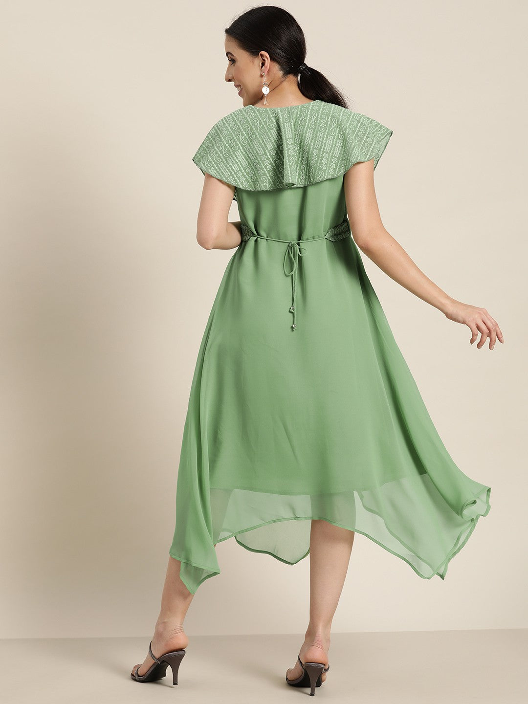 Juniper Women's Sagegreen Georgette Embroidered Asymmetric Dress - Distacart