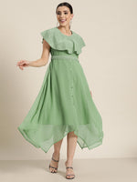 Thumbnail for Juniper Women's Sagegreen Georgette Embroidered Asymmetric Dress - Distacart