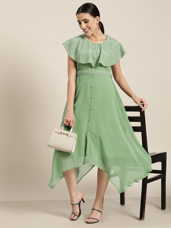 Juniper Women's Sagegreen Georgette Embroidered Asymmetric Dress - Distacart