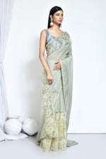 Thumbnail for Green Organza Jari Silk Floral Embroidered Festive Saree - Nimaya Denzy - Distacart