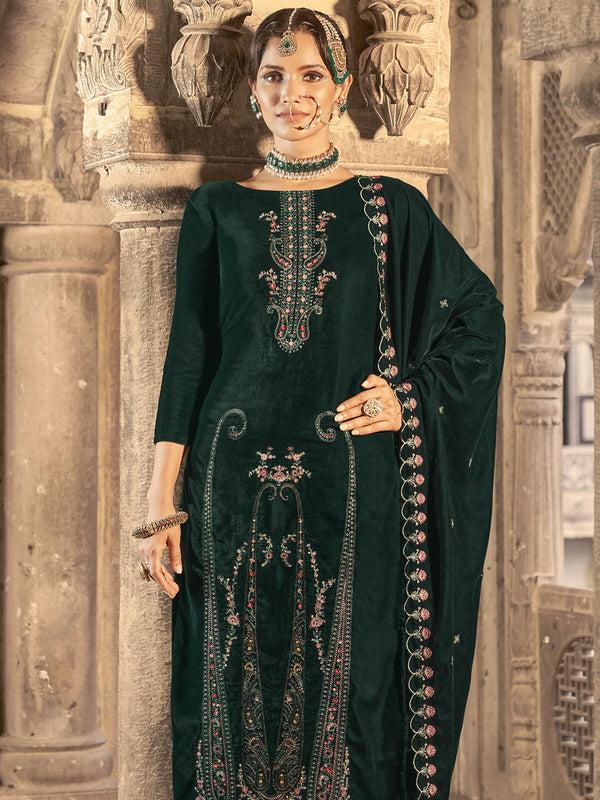 Jyoti Fashion Women's Green Velvet Floral Resham Thread with Jari work Kurta with Trouser & Dupatta - Distacart