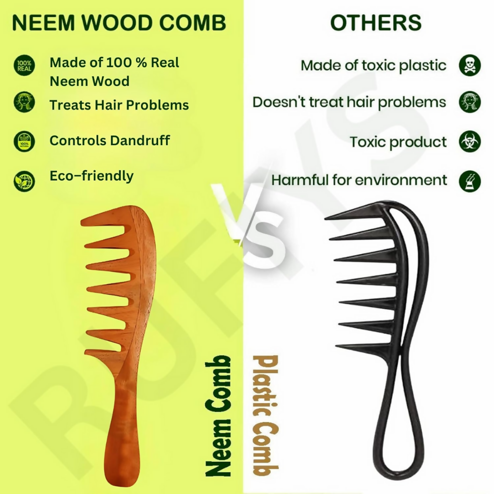 Rufiys Wooden Curly Hair Wide Neem Wood Comb - Distacart