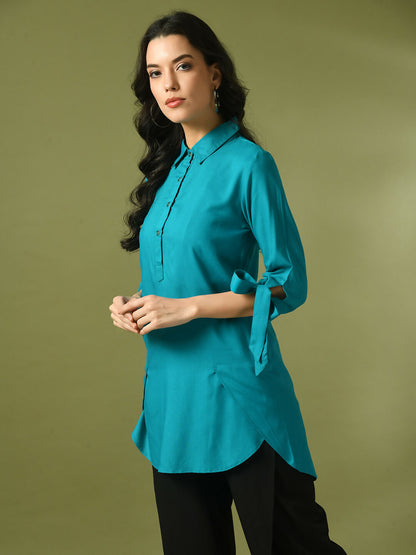 Myshka Women's Turquoise Blue Solid Cotton Longline Party Sheer Tunic - Distacart
