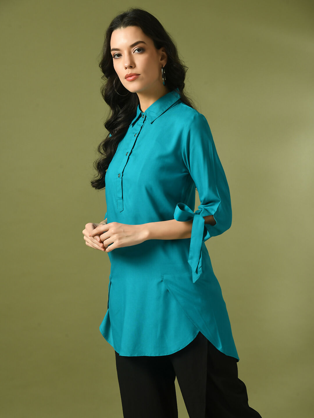 Myshka Women's Turquoise Blue Solid Cotton Longline Party Sheer Tunic - Distacart