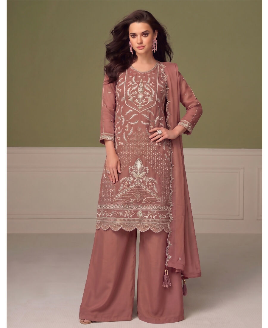 KC Beautiful Peach Chiffon Silk Hand Embroidery Suit For Women - Dista