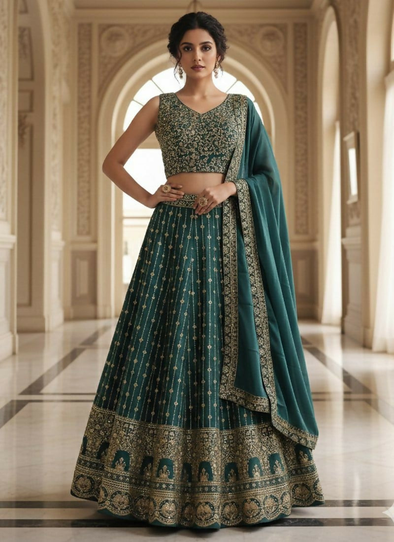 Lehenga Mart Teal Green Star Faux Georgette Designer Bollywood Style Wedding Wear Lehenga Choli - Dista
