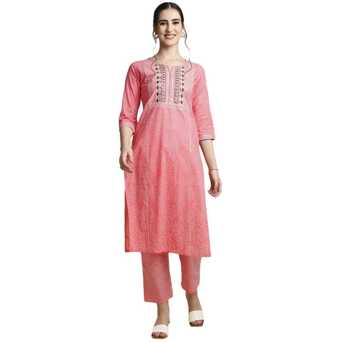 Anubhutee Women's Pure Cotton Regular Bandhani Print Pink Kurta Set - Distacart