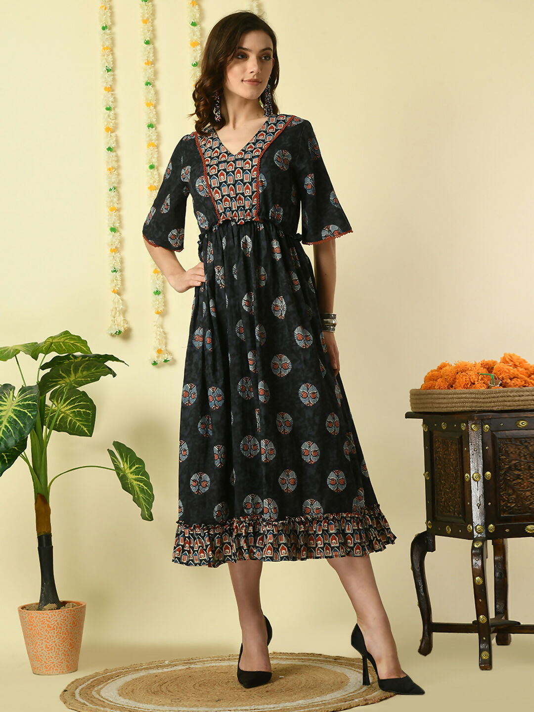 Myshka Women's Black Printed Cotton Party Dress - Distacart