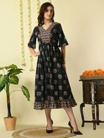 Thumbnail for Myshka Women's Black Printed Cotton Party Dress - Distacart