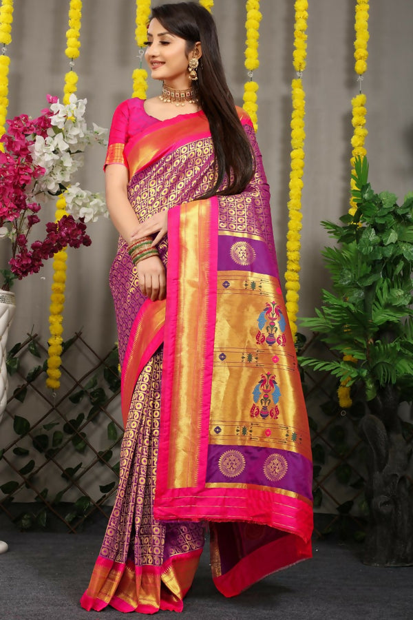 Jyoti Fashion Women's Purple Banarasi Silk Zari Woven Saree with Blouse - Distacart