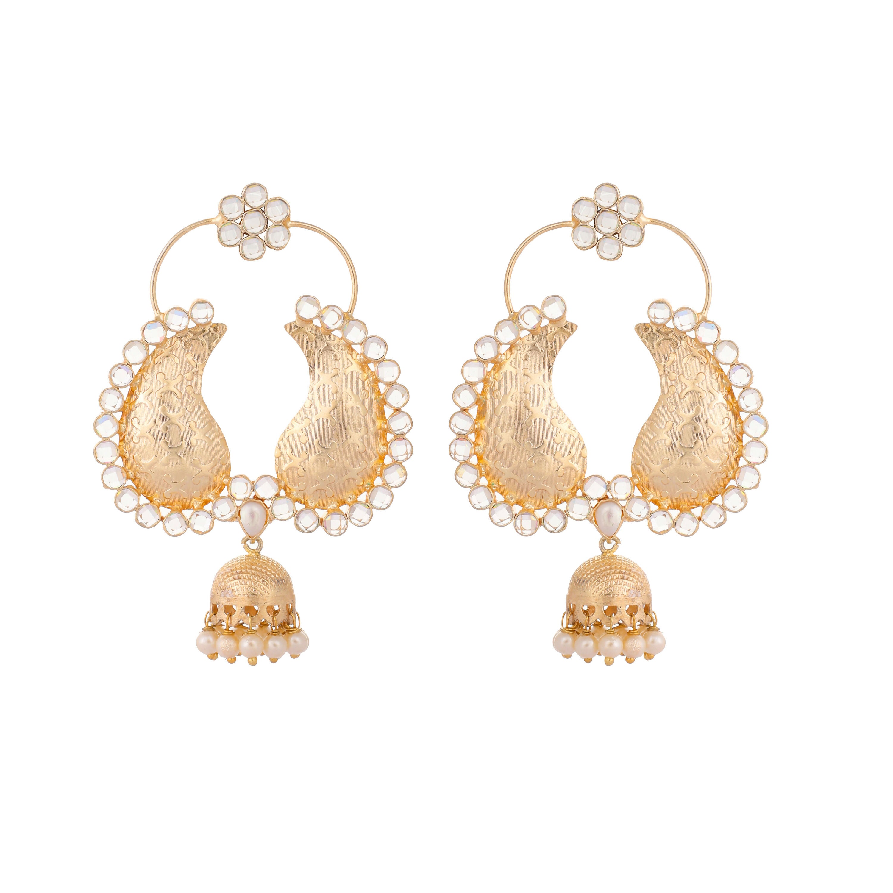 Nuyug 22K Gold Plated White Stone Studded Contemporary Mini Jhumki Dangler Earrings