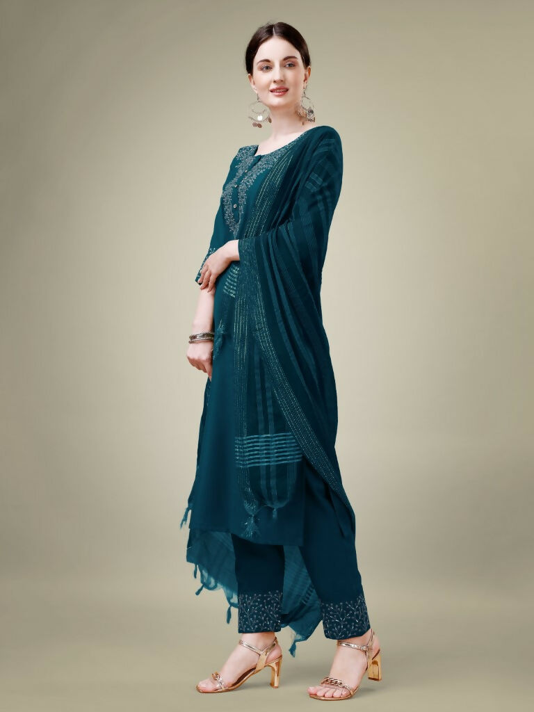 Jyoti Fashion Women's Morpich Cotton Blend Embroidery & Sequence work Kurta with Trouser & Dupatta - Distacart