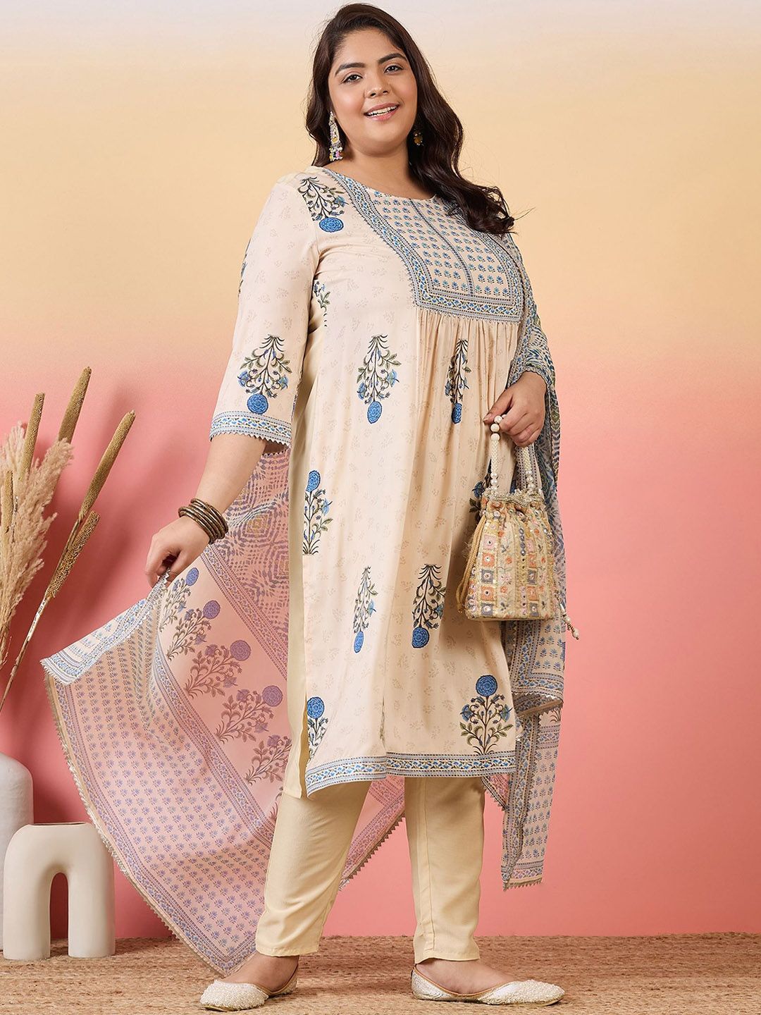 Sztori Women Floral Yoke Design Regular Kurta with Trousers & With Dupatta