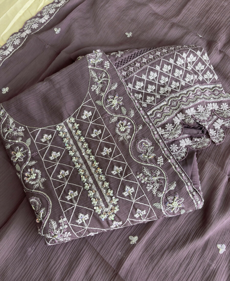 KC Lilac Pakistani Straight Suit For Women Chiffon - Dista