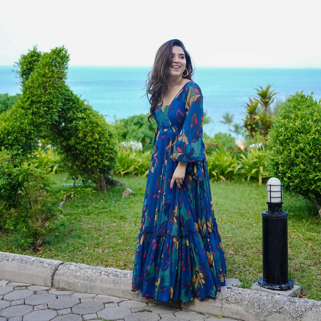 The52 Women's Gorgeous Printed work Georgette Fabric Flared Gown - Distacart
