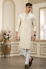 Thumbnail for Raivat Ethnic Banarasi Art Silk Thread and Mirror Work Kurta Pajama In Beige Colour