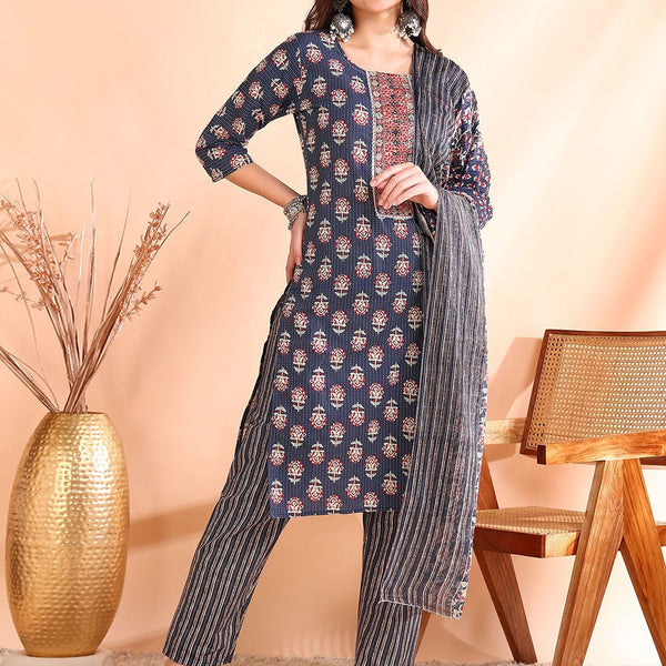 Ode by House of Pataudi Printed Thread Work Pure Cotton Kurta With Trousers & Dupatta - Distacart