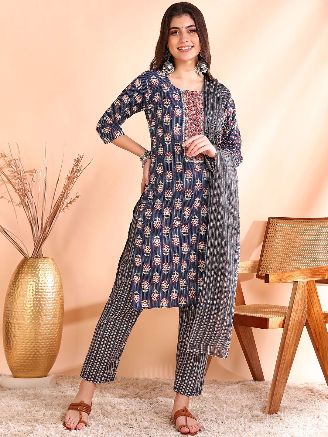 Ode by House of Pataudi Printed Thread Work Pure Cotton Kurta With Trousers & Dupatta - Distacart