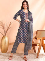 Thumbnail for Ode by House of Pataudi Printed Thread Work Pure Cotton Kurta With Trousers & Dupatta - Distacart