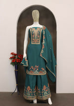 Thumbnail for Anaita Teal Blue Chinon Stitched Suit with Embroidery Sequence Work - Distacart