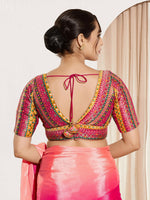 Thumbnail for Joban Fashion Pink Multi Brocade Padded Blouse With V Neck Elbow Sleeves - Distacart