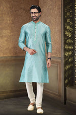 Thumbnail for Raivat Ethnic Jacquard Banarasi Silk Thread Work Kurta Pajama In Sky Blue Colour - Distacart