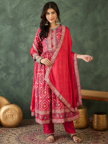 The52 Women's Beautiful Printed Work Rayon Fabric Flared Kurta Pant and Dupatta Set-Red - Dista