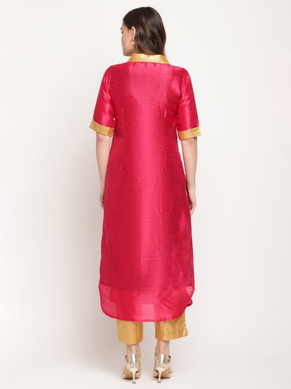 Ahalyaa Women's Dark Pink Poly Silk Kurta Trouser Set