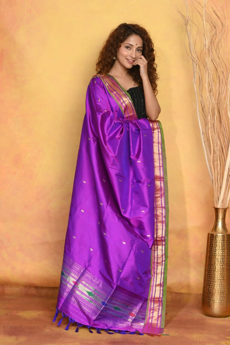 Very Much Indian Pure Silk Handloom Traditional Paithani Dupatta - Violet - Distacart