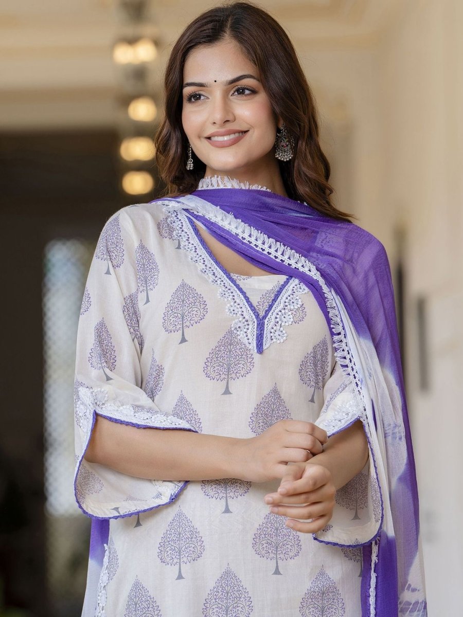 Anouk White Floral Printed Pure Cotton Lace Straight Kurta with Trousers & Dupatta - Distacart