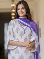 Thumbnail for Anouk White Floral Printed Pure Cotton Lace Straight Kurta with Trousers & Dupatta